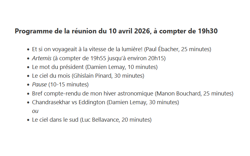 Programme de la réunion du 10 avril 2026